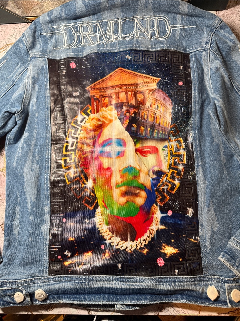 Multicolor Artistic Denim Jacket with Bold Back Print